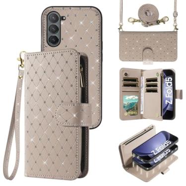Imagem de Compatível com Samsung Galaxy Z Fold 5 5G 2023 capa carteira com zíper celular alça transversal com glitter flip porta-cartões slot capa de telefone para ZFold5 Z5 G Fold5 ZFold 5Z mulheres meninas