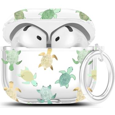 Imagem de Capa para AirPods 4 - Capa transparente Wonjury com estampa floral para mulheres meninas chaveiro ferramenta de limpeza para Apple Airpods 4th 2024 - Tartaruga