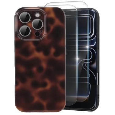 Imagem de MYY Linda capa de telefone para iPhone 16 Pro Max, [com 2 protetores de tela] Padrão de tartaruga leopardo proteção completa para câmera fina à prova de choque legal estética moderna - marrom âmbar