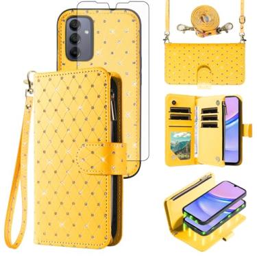 Imagem de Asuwish Compatível com Samsung Galaxy A15 5G/4G capa carteira com zíper celular protetor de tela de vidro temperado alça transversal alça flip glitter porta-cartões capa de telefone para A 15 G5 15A