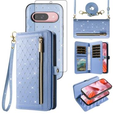 Imagem de Asuwish Capa de celular para Google Pixel 9/9 Pro 5G carteira com zíper destacável protetor de tela de vidro temperado alça transversal flip bling titular cartão de crédito Pixel9 9Pro nove mulheres