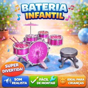 Imagem de Bateria Infantil Musical Brinquedo Realista com Banco Banqueta e 5 tam