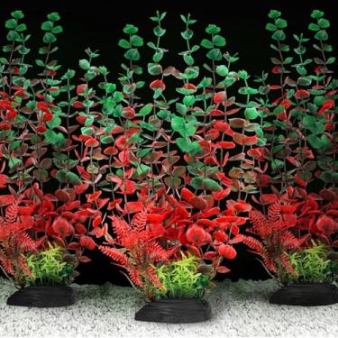 Imagem de QUOZUO Decoração de plantas grandes de aquário, plantas de plástico artificiais, acessórios de aquário vermelho escuro, 3 peças