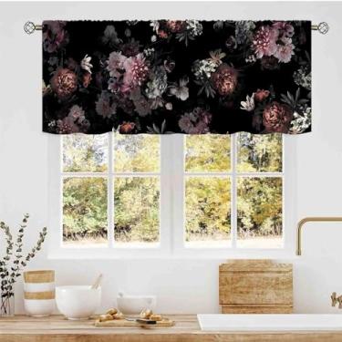 Imagem de TKUYO Saia floral boho, vintage, preto, rosa, flor de primavera, rosa, rosa penoy, estética, boho, chique, cortinas de janela pequenas, para café, cozinha, sala de estar, quarto, armário, banheiro