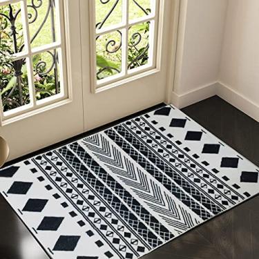 Imagem de Tapete geométrico Boho – Tapete pequeno de entrada de 5,5 x 7,5 cm, antiderrapante, com acento, desgastado, tapete lavável para porta, banheiro, quarto, cozinha, sala de estar, preto e branco
