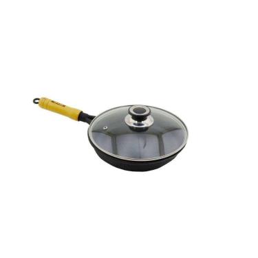 Imagem de Frigideira Ferro Fundido Cabo Madeira Tampa Vidro 24cm