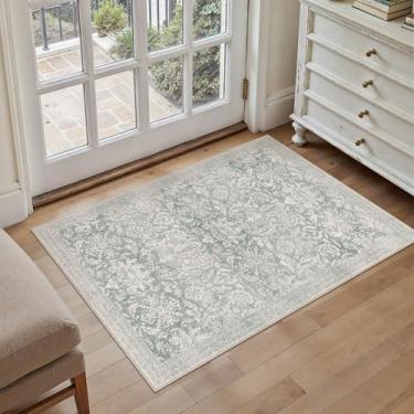 Imagem de PureCozy Tapete de área verde 5 x 7 cm lavável tapete de porta de entrada tapete vintage antiderrapante pequeno de camada baixa fina cozinha banheiro tapete retrô acento entrada quarto escritório sala