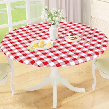 Imagem de misaya Toalha de mesa redonda ajustada com borda elástica, capa de toalha de mesa de flanela de vinil à prova d'água xadrez búfalo serve para mesas redondas de 91 a 112 cm para jantar, ao ar livre