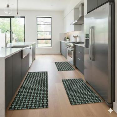 Imagem de Kit de Tapetes para Cozinha, 3 Peças, Tecido Rústico de Algodão, Tear Mineiro, Base Antiderrapante Emborrachada, 2 Tapetes 40x75cm e 1 Passadeira 40x144cm, Retangular (TRANÇADO)