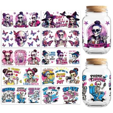 Imagem de Peacoblue Adesivos de transferência UV DTF para copos padrão de caveira humorístico, 10 folhas à prova d'água adesivo de transferência de vinil personalizado 473 ml copo de café copo copo caneca