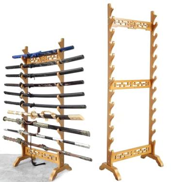 Imagem de Suporte de piso para exibição de espada de madeira de 5 a 12 níveis, suporte de espada Katana, cabides de espada samurai suporte de sabre de luz para suportes de flauta vara de pesca e todos os tipos