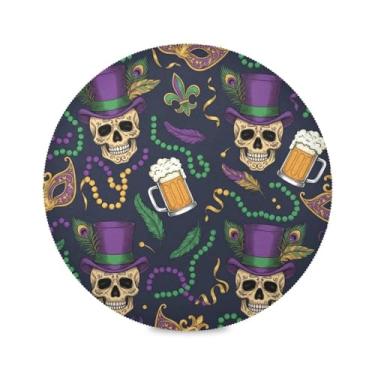 Imagem de Wassud Jogo americano Carnaval Crânio Cerveja Tapetes de Mesa Redondos para Cozinha e Jantar Tapetes Laváveis Resistente ao Calor Decoração de Mesa 39 cm