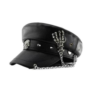 Imagem de Boina Feminina Estilo Punk Em Couro PU Preto, Acessórios De Boné Milit
