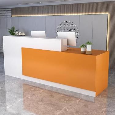 Imagem de Mesa de recepção moderna com gavetas trancáveis, balcão de madeira para escritório/salão de beleza, mesa de recepção para saguão, cor laranja, 120 cm