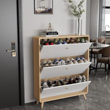 Imagem de Armário de sapatos de entrada de madeira com 3 gavetas reversíveis, armário de sapatos independente, prateleiras duplas ajustáveis e removíveis, tamanho pequeno, adequado para varandas, corredores