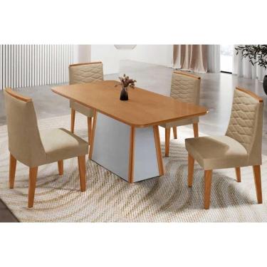 Imagem de Conjunto Sala de Jantar Tilia c/ Tampo Madeirado Canto Curvo 120x80cm e 4 Cadeiras Maldivas Madeira Maciça Naturale/Off White - Capuccino/Linho Bege-R