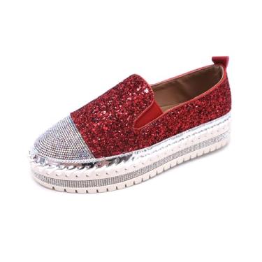 Imagem de SUGURETA Tênis feminino moderno de strass sem cadarço, casual, confortável, plataforma, tênis de caminhada, lindo laço com glitter, loafers brilhantes, Vermelho A, 38