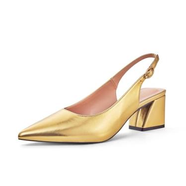 Imagem de GENSHUO Sapato feminino de salto baixo grosso, bico fechado, salto baixo, 5 cm, vestido de festa de casamento para escritório, Dourado, 38