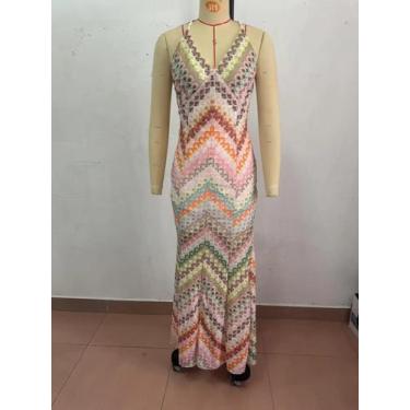 Imagem de Vestido Longo Feminino Colorido E Sexy, Sem Mangas, Decote Em V, Costa