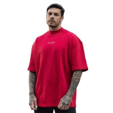 Imagem de Camiseta Oversized Gola Alta Aplique Assinatura Streetwear Confortavel Masculina Vermelho-Masculino