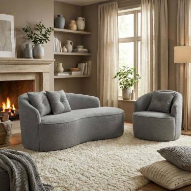 Imagem de Kit de 01 Sofá Orgânico Curvo Feijão + 01 Poltrona Confortável Sala Estúdio Amore Bouclê Cinza - Montanari`s Decor