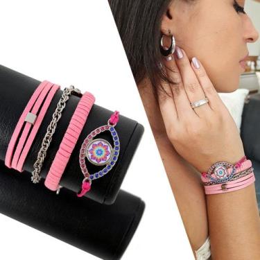 Imagem de Mix C/04 Pulseiras Feminina Olho Grego Fashion Rosa Moda - Granado Ace
