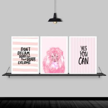 Imagem de Kit 3 Quadros Leão Rosa Yes You Can 33x24cm