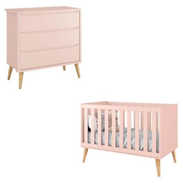 Imagem de Berço Americano E Cômoda Infantil Gaveteiro Theo Rosa Com Pés Madeira Natural - Reller