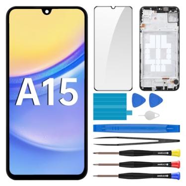 Imagem de BESJMYT Substituição de tela para Samsung Galaxy A15 com moldura LCD, digitalizador sensível ao toque, montagem completa e botão lateral, alto-falante, vibração, motor, vidro, reparo, kit SM-A155F