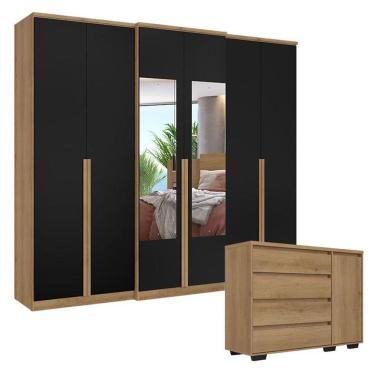 Imagem de Guarda Roupa Casal Valência 6 Portas Glass Capuccino Preto com Cômoda com Porta Aurora Capuccino Acetinado - THB