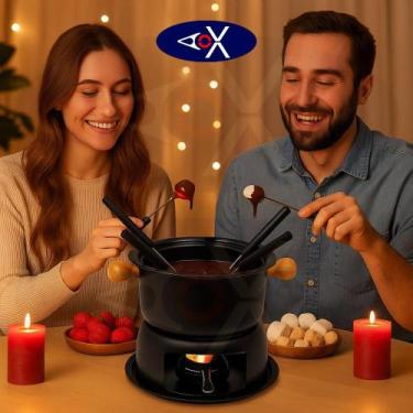 Imagem de Panela Fondue Preta Conjunto com 6 Garfos Alça Madeira com Suporte e A