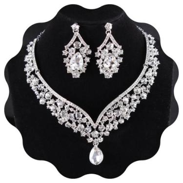 Imagem de Conjunto Kit Colar e Brincos Strass Festas Noivas Debutantes cor:Prata