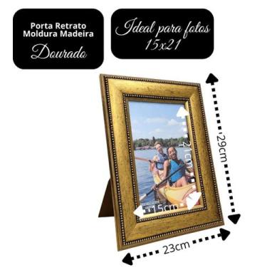 Imagem de Porta Retrato 15x21 Madeira Dourado Luxo Moldura Larga 4,5cm com Vidro