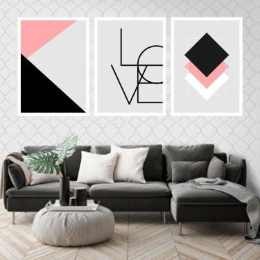Imagem de Kit 3 Quadros Decorativos Love Geométrico Rosa e Branco