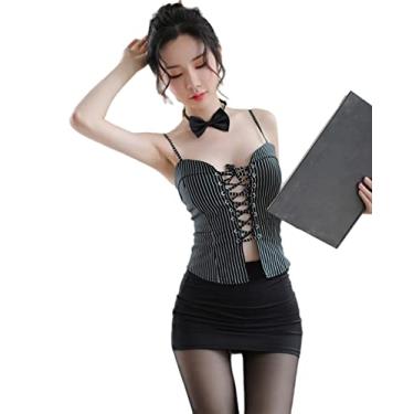 Imagem de SINGUYUN Women's Office Secretary Uniform Sexy Teacher Costume Cosplay Lingerie With Socks (2022Black)