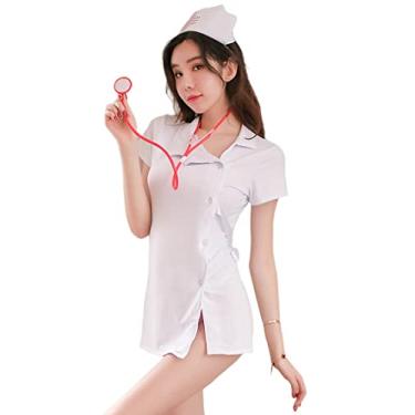 Imagem de SINGUYUN Nurse Costume For Women Sexy Nurse Outfit Halloween Cosplay Lingerie With Socks (2274White)