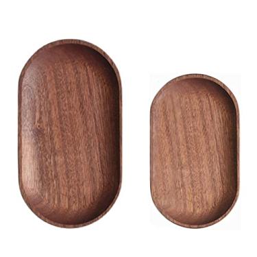 Imagem de Prato de sobremesa redondo de madeira maciça talheres bandeja de madeira japonesa prato de sobremesa de frutas secas, oval dois, terno de peça