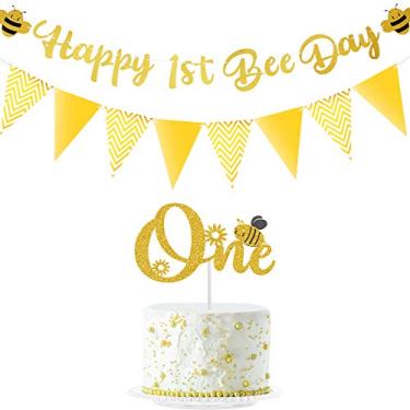 Imagem de Banner dourado com glitter Happy 1st Bee Day One Cake Topper Golden Triangle Banner Bunting Banner decorações de abelha para meninos e meninas, artigos de decoração de festa de primeiro aniversário