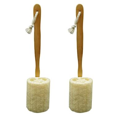 Imagem de Esponja nas costas com bucha esfoliante natural Luffa Loofa Escova com cabo longo de madeira, suporte para taco para chuveiro, banho, spa, pacote com 2
