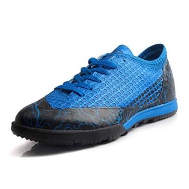 Imagem de T&B Kids 'Youth Turf Chuteira Chuteira Chuteira Sapatos de futebol para uso interno Futebol Casual Esportes ao ar livre (Criança pequena/Criança grande) 76516, Blue/Black, 3.5 Big Kid