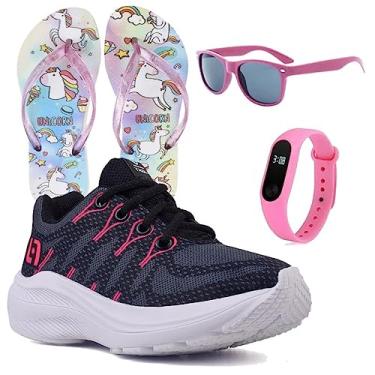 Imagem de Tenis Infantil De Amarrar Meninas Leve Desenhos LIGHT + Chinelo Oculos Relogio Cor:Preto;Tamanho:27