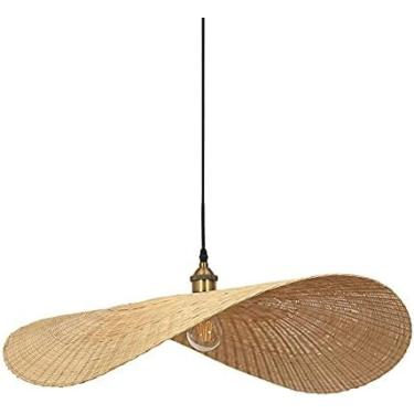 Imagem de Abajur De Bambu Luz De Teto Retro Simplicidade Luzes Pendentes Forma De Chapéu De Palha Lâmpada De Vime Natural Clássico Rattan Tecido Suspenso Abajur E27 Droplight Para Sala De Estar Quarto Café,