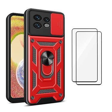 Imagem de Capa para Motorola Moto Edge 40 Pro Capinha | com 2 protetores de tela temperados, janela deslizante de proteção da câmera integrada e suporte para telefone - Vermelho
