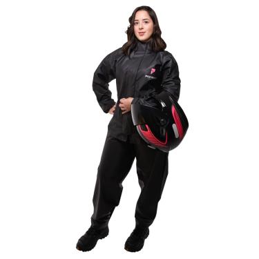 Imagem de Conjunto Motociclista Impermeável Feminino PVC Preto Com Gola Alta Pioneira