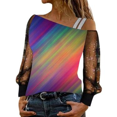 Imagem de Elogoog Camisas de Dia dos Namorados para mulheres, sexy, ombros de fora, manga comprida, casual, tamanho grande, pulôver, camiseta com estampa de coração, Roxo - 9, G
