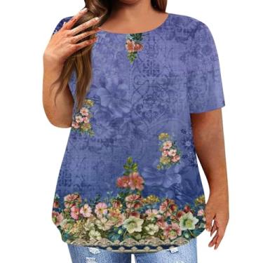 Imagem de Plus size verão topos para mulher 2023 o pescoço manga curta gráfico impresso solto túnica blusas casuais Camisa Estética Camiseta Na moda feminino feminino de flor floral E59-Roxo X-Large