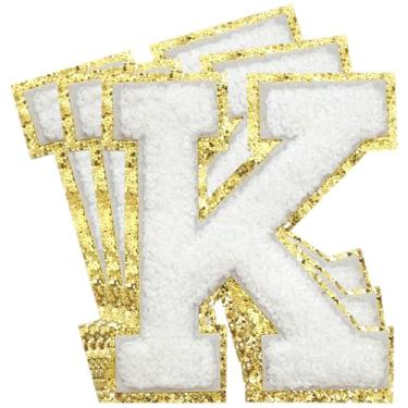 Imagem de 3 Pçs Remendos de Chenille Letras Douradas Glitter Ferro em Remendos de Letras Varsity Remendos Bordado de chenille Remendos Costurados para Roupas Chapéu Bolsas Jaquetas Camisa (Ouro, K)