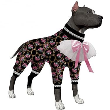 Imagem de LovinPet Pijamas para cães grandes, proteção UV, ansiedade calmante sob casacos para cães, macacão grande de 4 pernas, elástico vintage floral preto, rosa para cães grandes