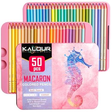 Imagem de KALOUR Lápis de cor pastel Macaron, conjunto de 50 cores, núcleo macio para artistas, ideal para desenhar, esboçar, sombrear, lápis de colorir para adultos e crianças iniciantes
