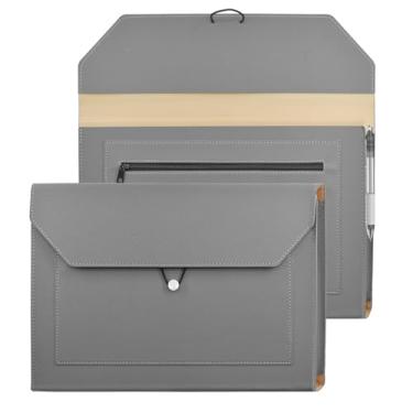 Imagem de VANRA Pastas expansíveis de couro PU, porta-documentos, envelopes com 2 bolsos, estojo organizador de documentos com cordão elástico para papel tamanho carta A4 (cinza)